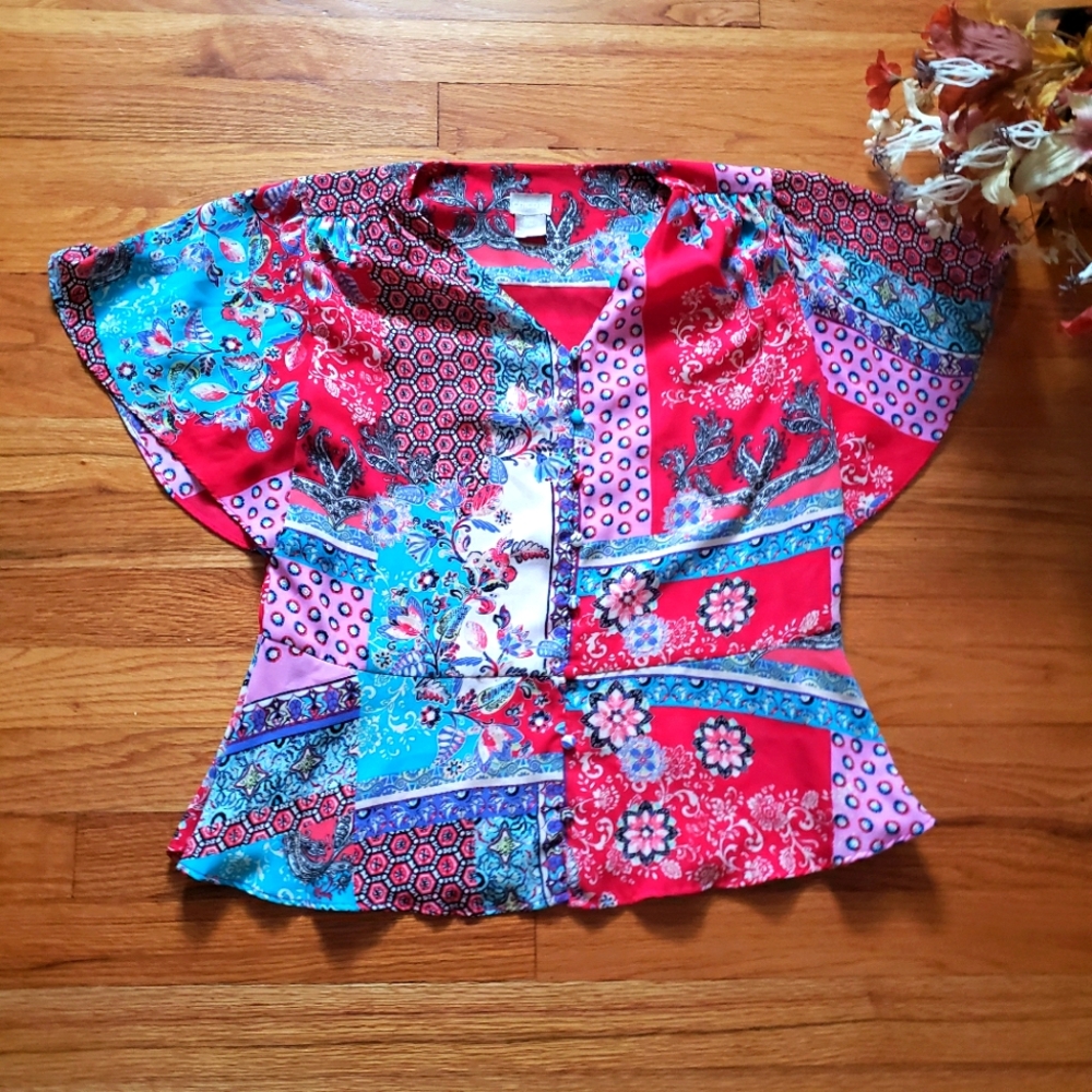 Chicos Patchwork Print Peplum Flutter Sleeve Top … - image 1
